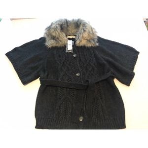 Loft Dark Gray Belted Cardigan Sweater Wool Alpaca Blend Faux Fur Collar Sz M